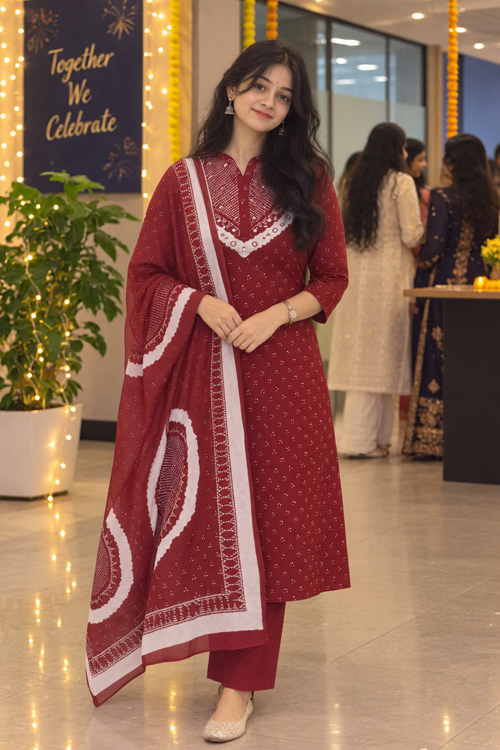 Maroon Mirror-Work Kurti Set with Dupatta