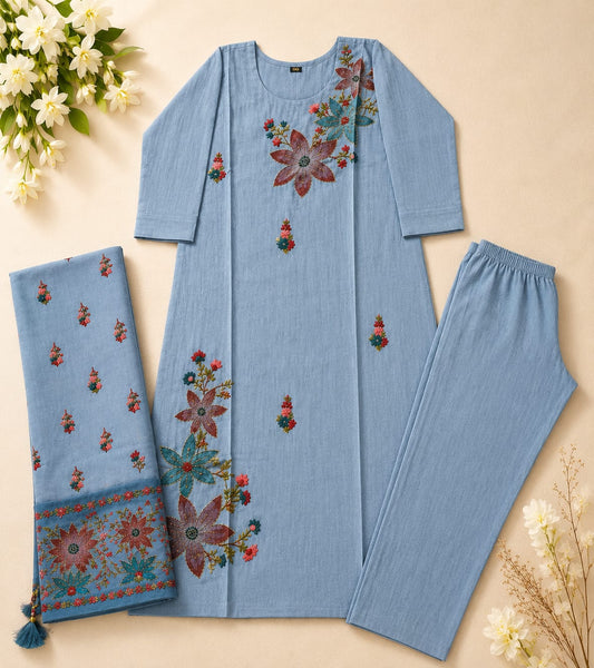 Sky Blossom Embroidered Suit Set with dupatta