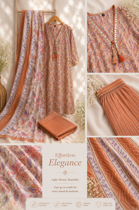 Peach Paisley Cotton 3-Piece Kurta Set