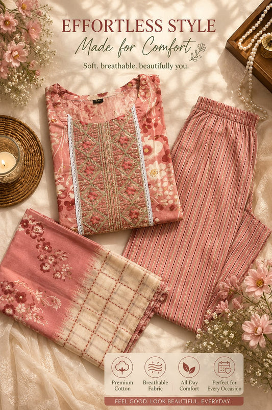 Rosy Meadow Cotton Kurta Set with Dupatta