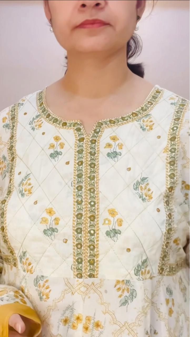 Ivory Bloom Cotton Anarkali Kurti Set