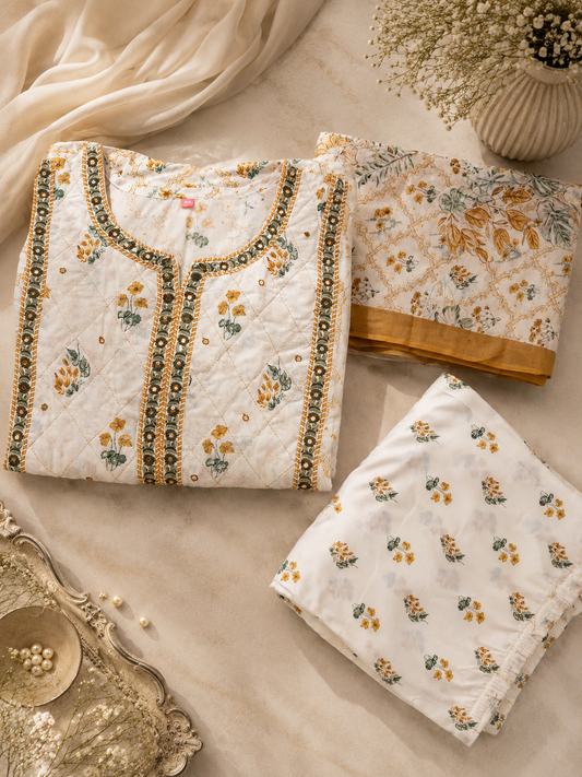 Ivory Bloom Cotton Anarkali Kurti Set