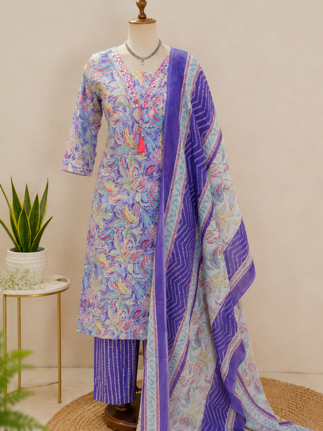 violet Bloom Printed Cotton Kurta Set with Embroidered Neckline