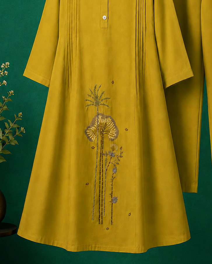 Olive Bloom Dola Silk A-Line Kurti Set