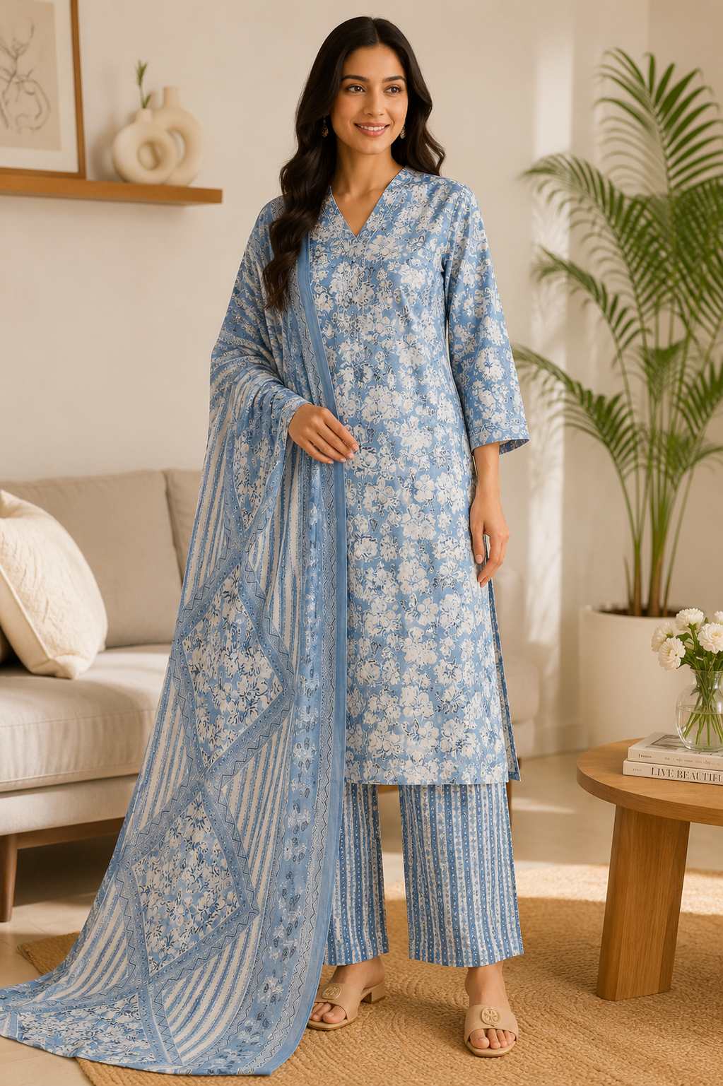 Powder Blue Floral Printed Kurta Set with Dupatta