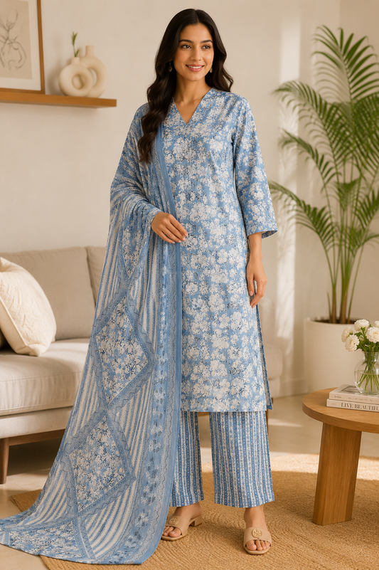 Powder Blue Floral Printed Kurta Set with Dupatta