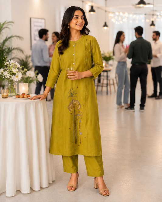 Olive Bloom Dola Silk A-Line Kurti Set