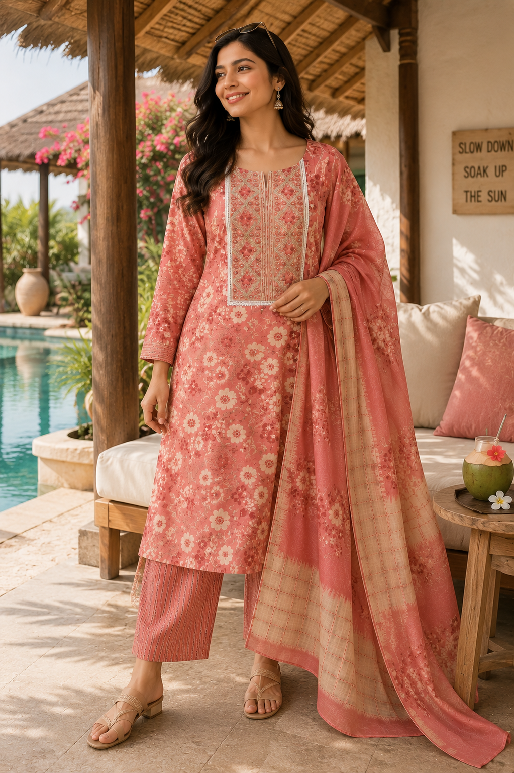 Rosy Meadow Cotton Kurta Set with Dupatta