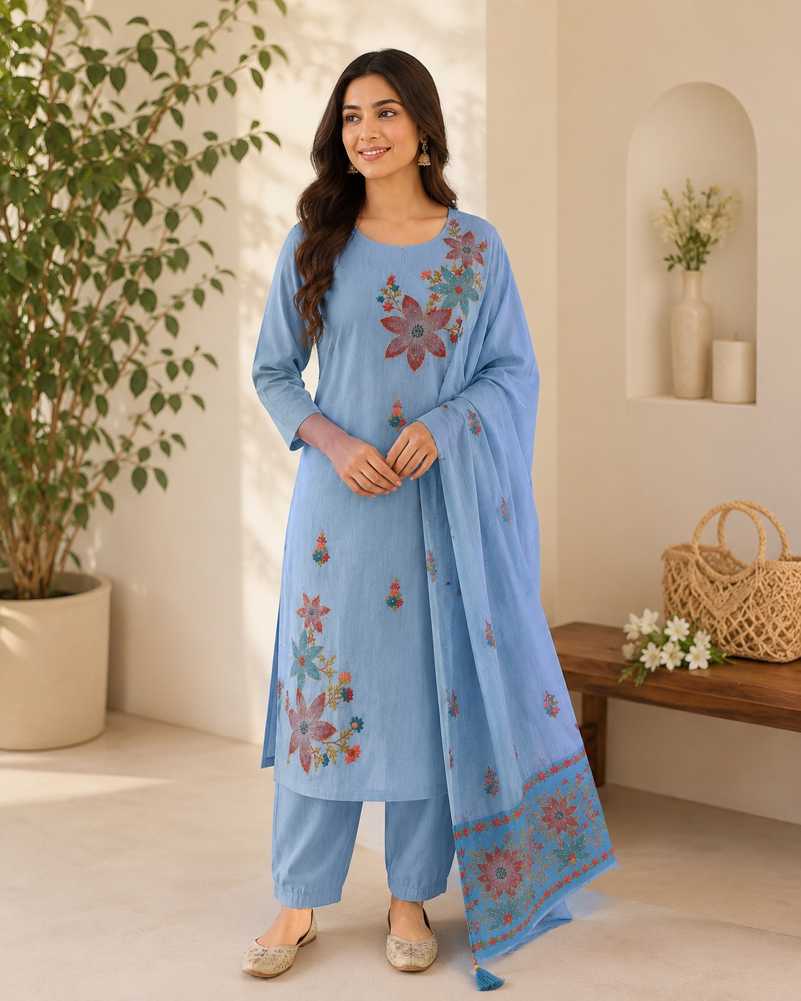 Sky Blossom Embroidered Suit Set with dupatta