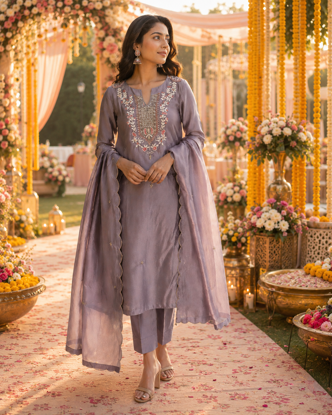 Lavender Mul Chanderi Embroidered Kurta Set