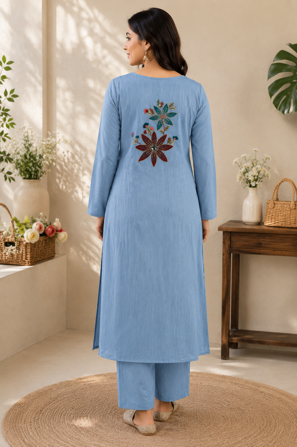 Sky Blossom Embroidered Suit Set with dupatta