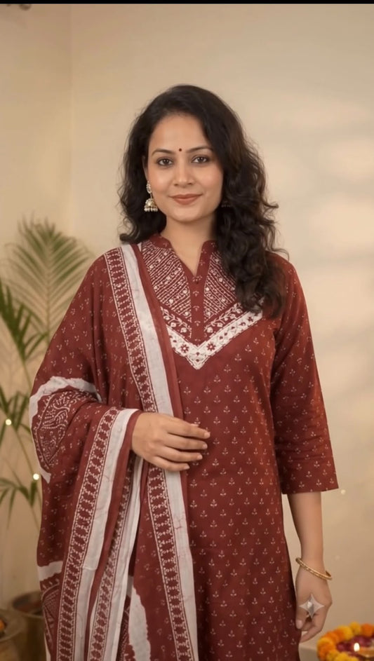 Maroon Mirror-Work Kurti Set with Dupatta