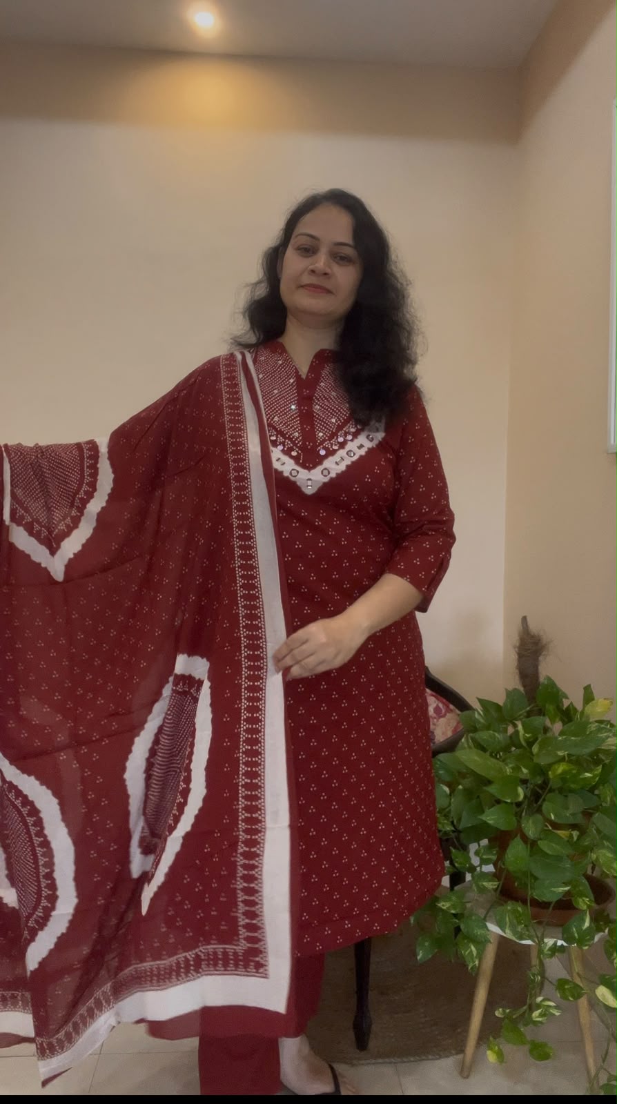 Maroon Mirror-Work Kurti Set with Dupatta