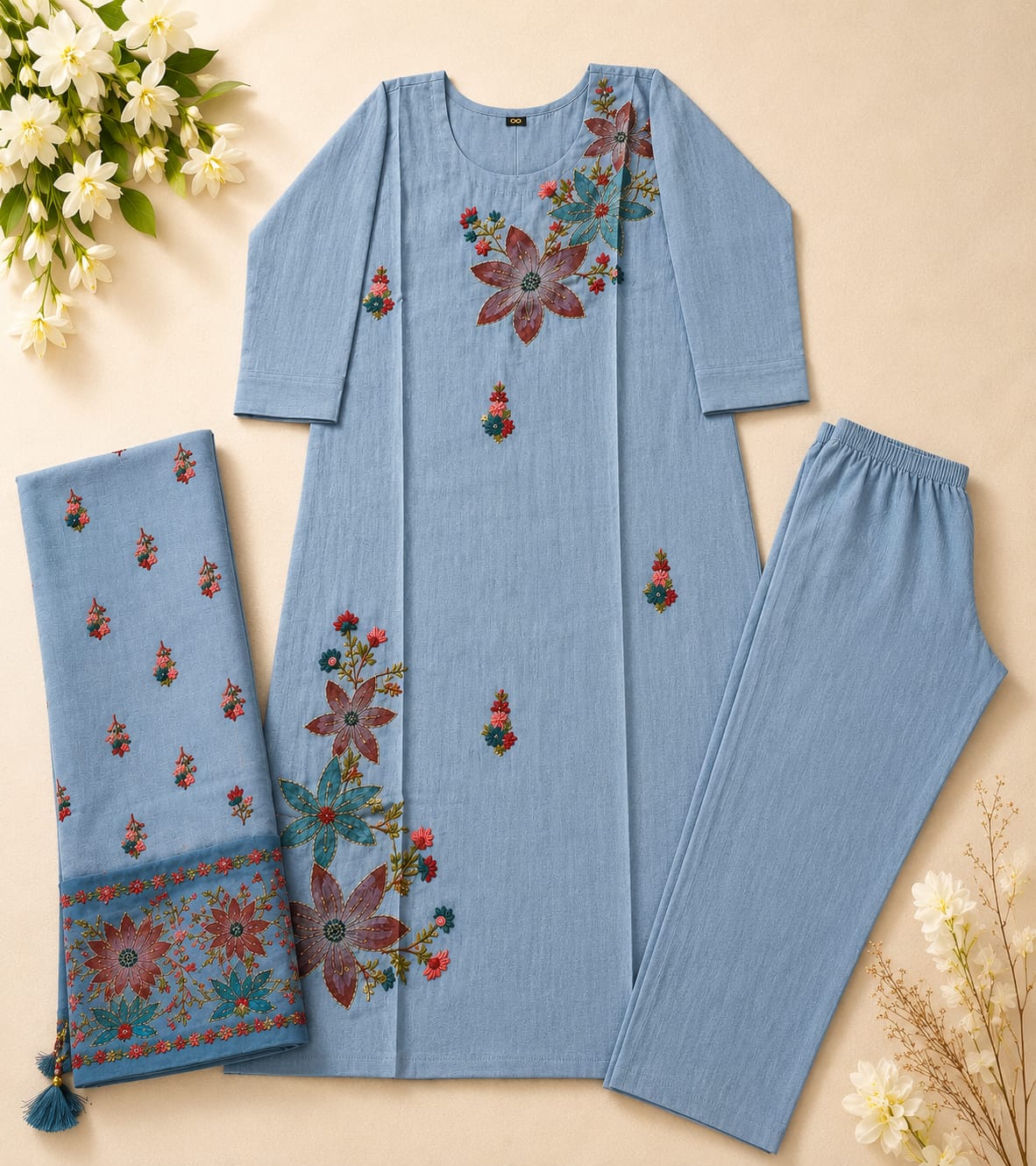 Sky Blossom Embroidered Suit Set with dupatta