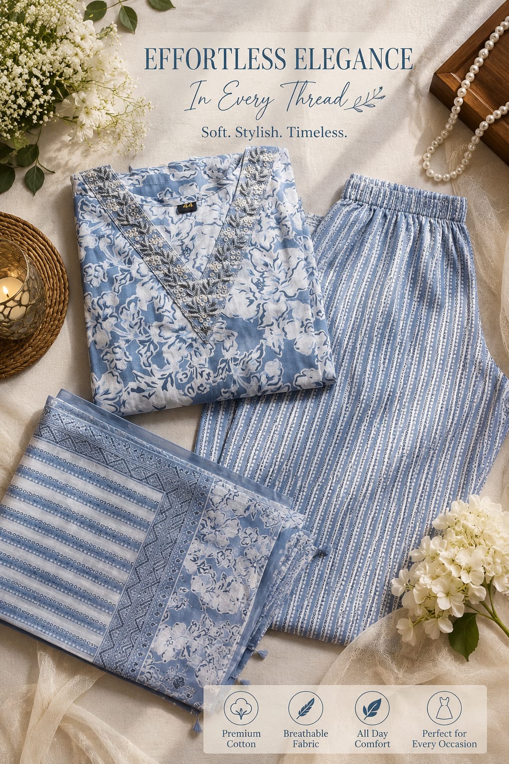 Powder Blue Floral Printed Kurta Set with Dupatta