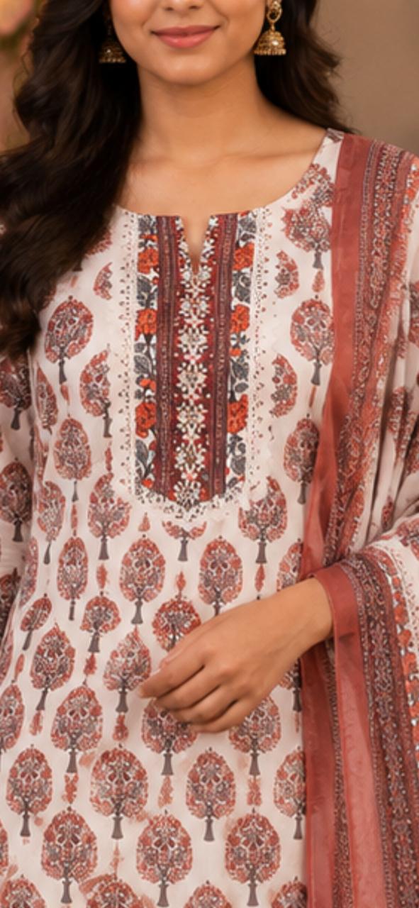 Ivory Floral Printed Cotton Kurta Set with Dupatta