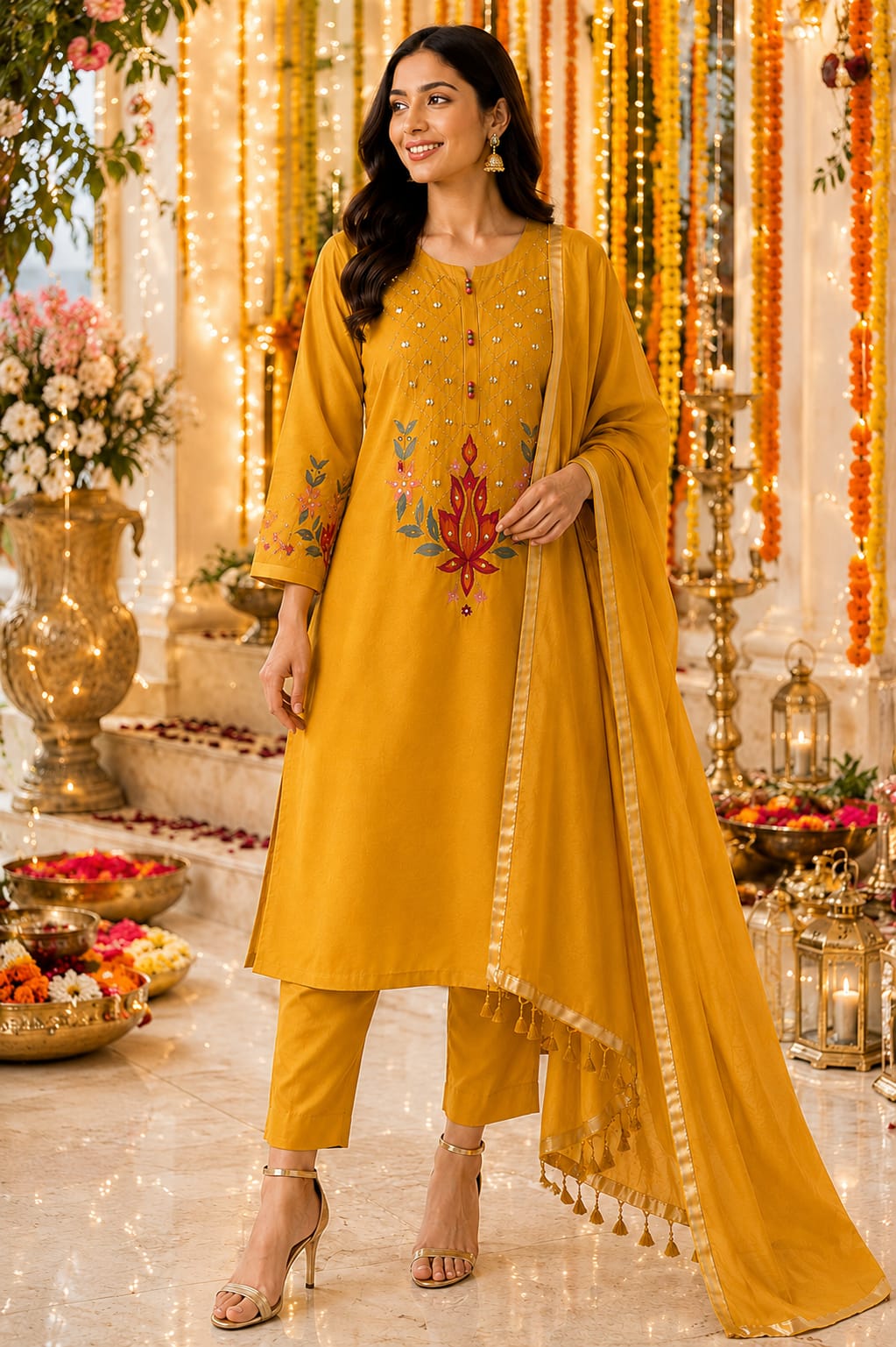 Golden Marigold Mul Chanderi Kurta Set