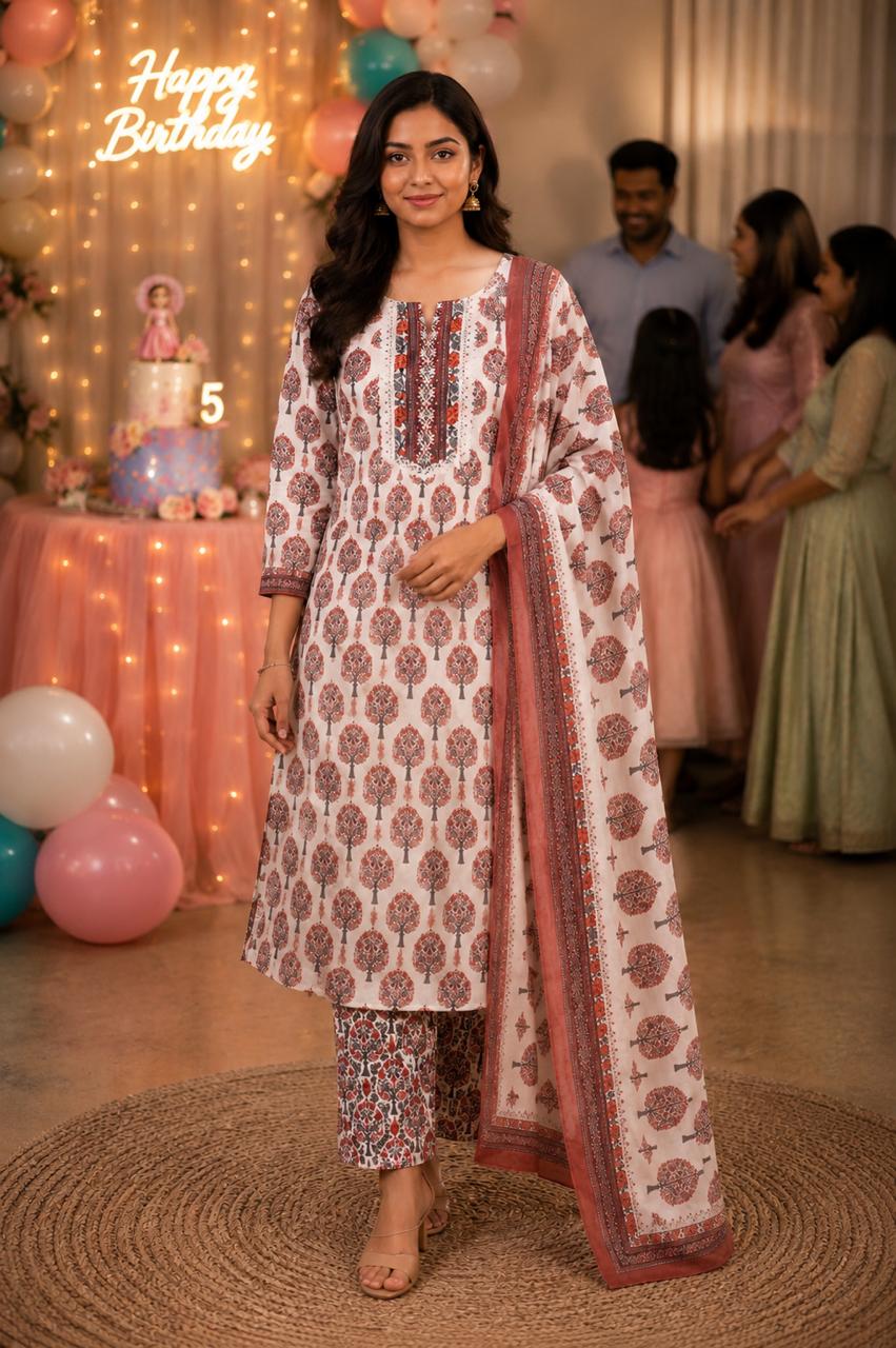 Ivory Floral Printed Cotton Kurta Set with Dupatta