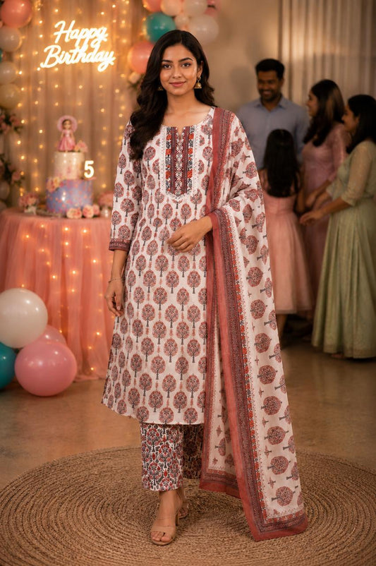 Ivory Floral Printed Cotton Kurta Set with Dupatta