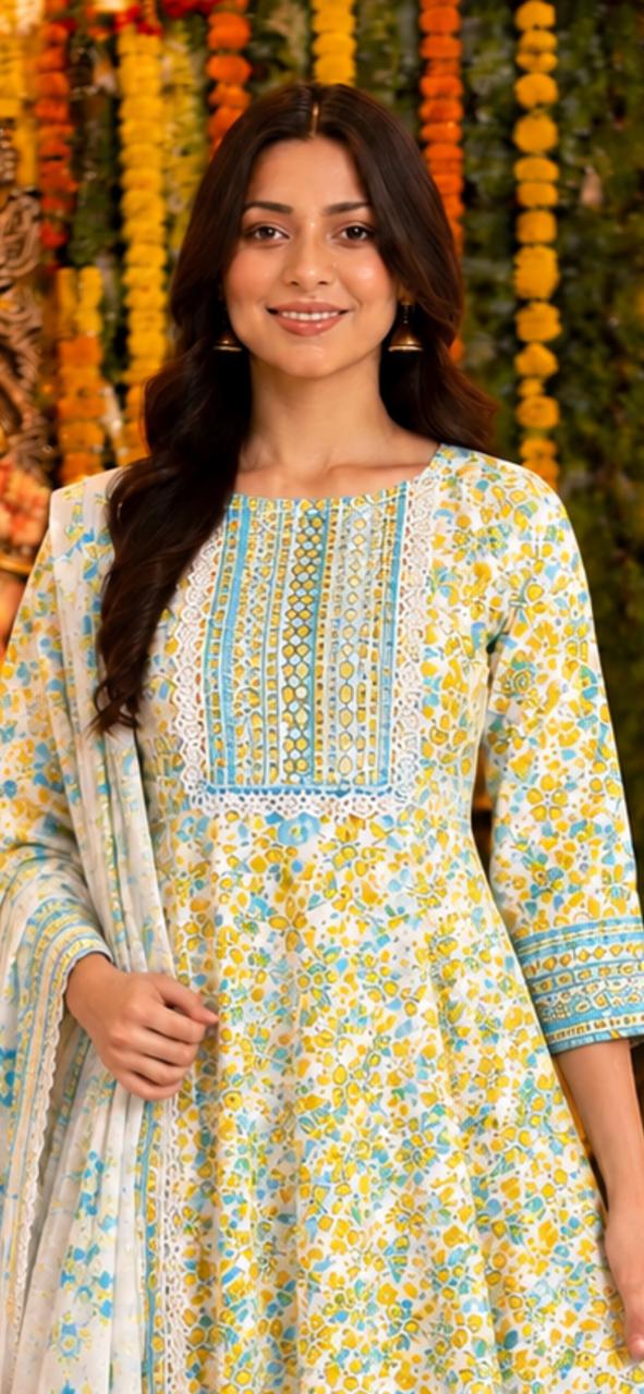 Turquoise Bloom Anarkali Kurti Set