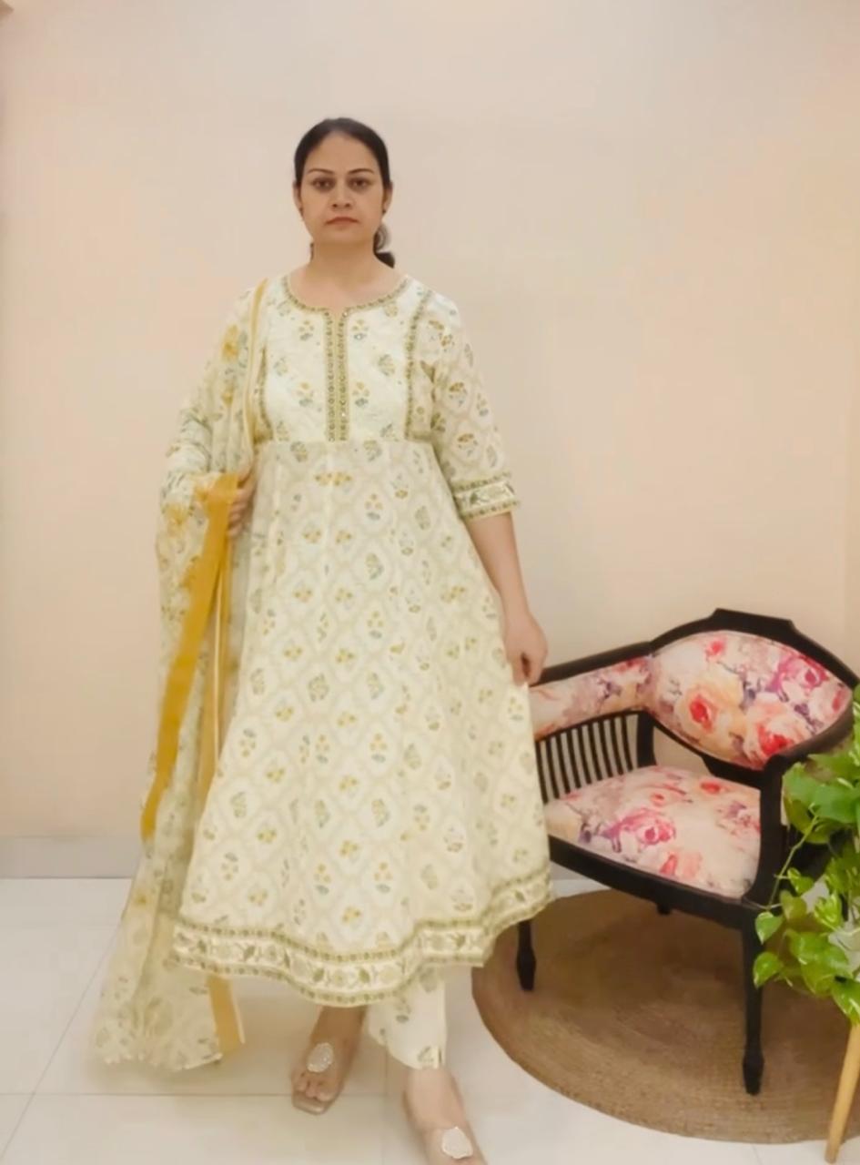 Ivory Bloom Cotton Anarkali Kurti Set