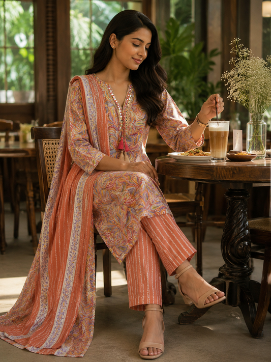 Peach Paisley Cotton 3-Piece Kurta Set