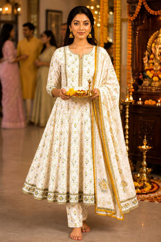 Ivory Bloom Cotton Anarkali Kurti Set