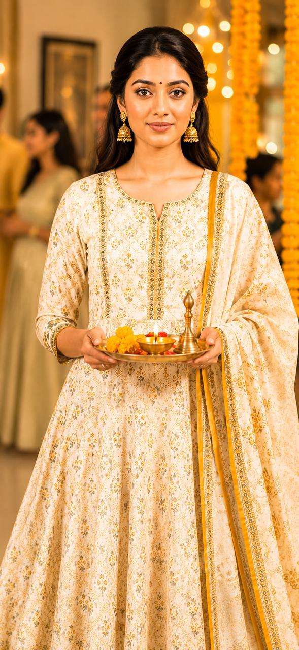 Ivory Bloom Cotton Anarkali Kurti Set