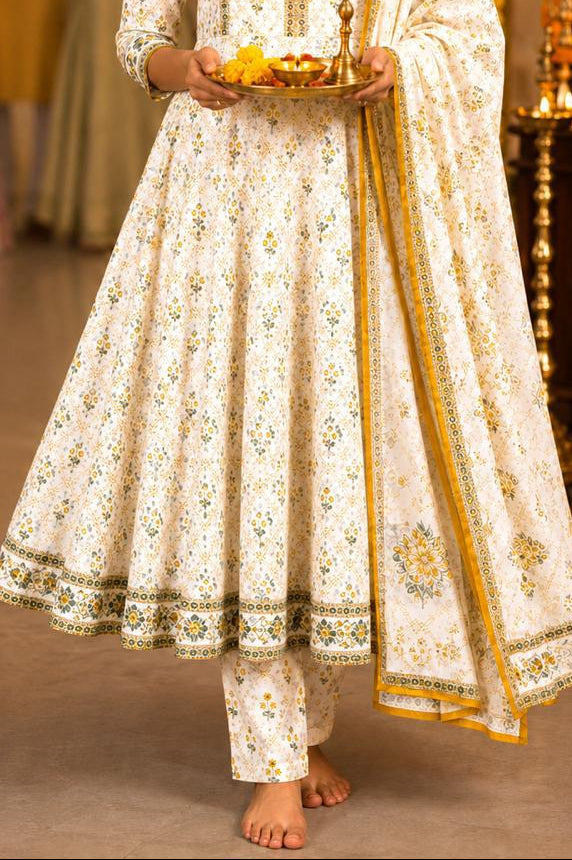 Ivory Bloom Cotton Anarkali Kurti Set