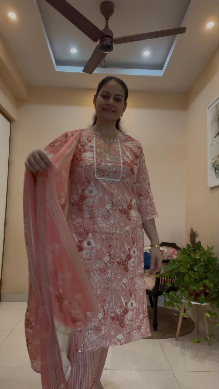 Rosy Meadow Cotton Kurta Set with Dupatta