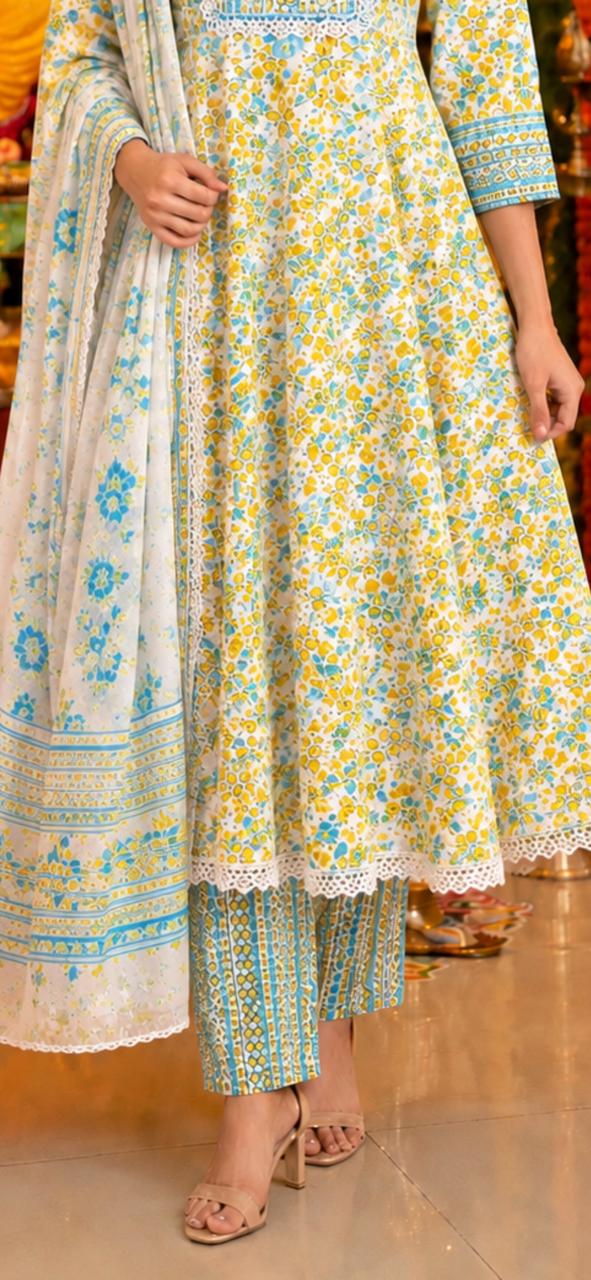 Turquoise Bloom Anarkali Kurti Set