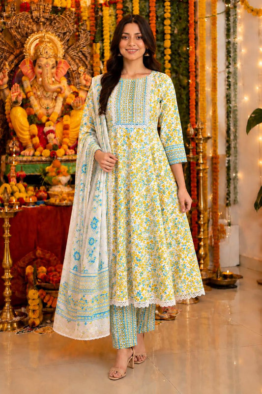 Turquoise Bloom Anarkali Kurti Set